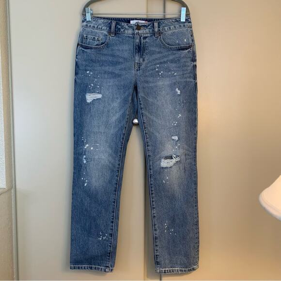 Cabi Womens Boyfriend Jeans Size 2 Distressed Straight Cropped Paint Splatter - Picture 2 of 16
